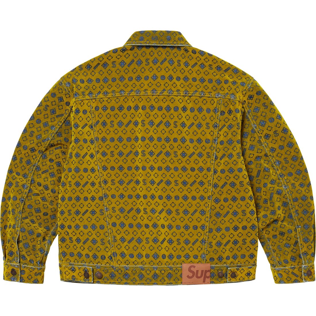 Details on Flocked Denim Trucker Jacket Mustard from fall winter
                                                    2024 (Price is $228)