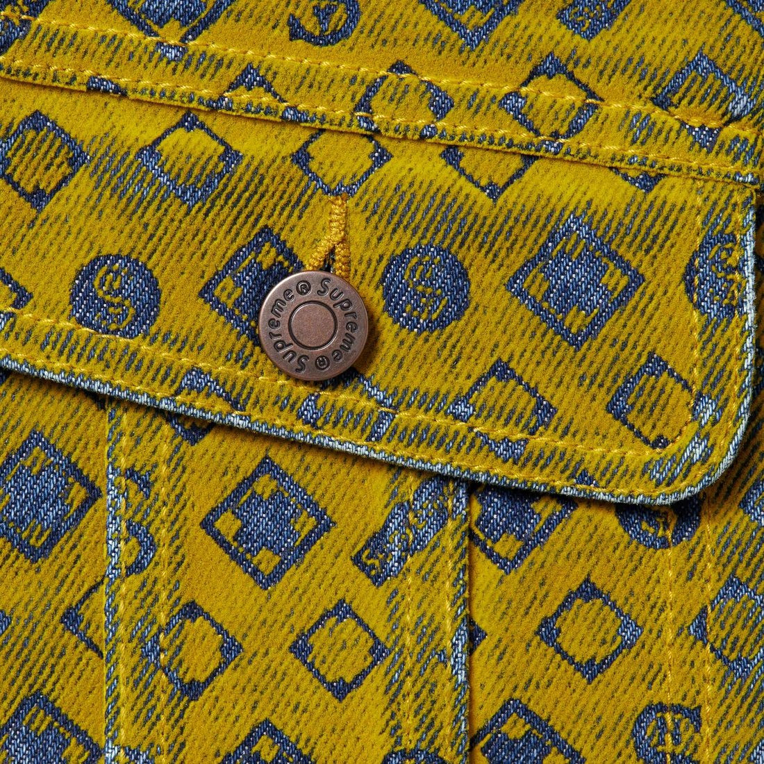 Details on Flocked Denim Trucker Jacket Mustard from fall winter
                                                    2024 (Price is $228)