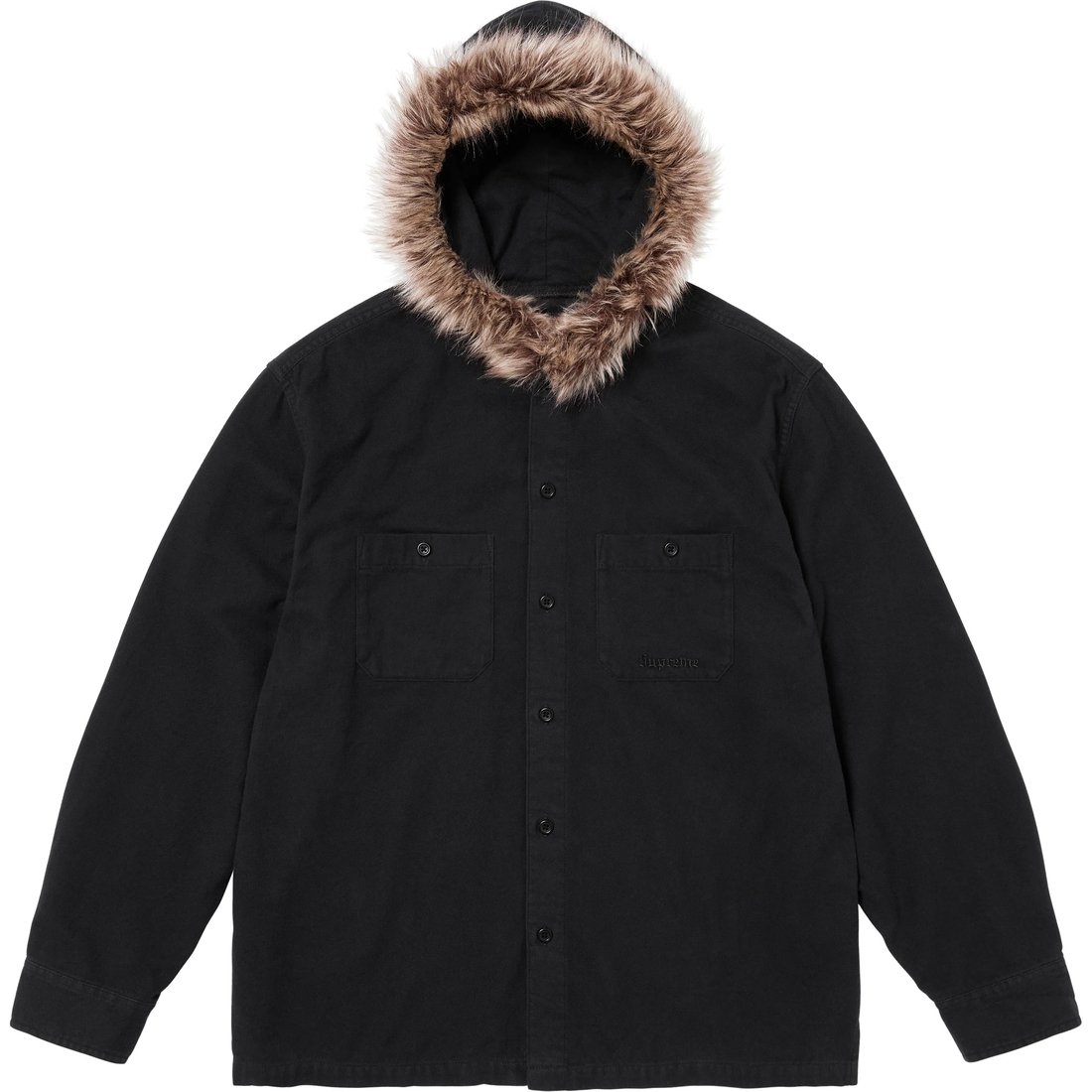 Details on Fur Trim Flannel Hooded Shirt Black from fall winter
                                                    2024 (Price is $168)