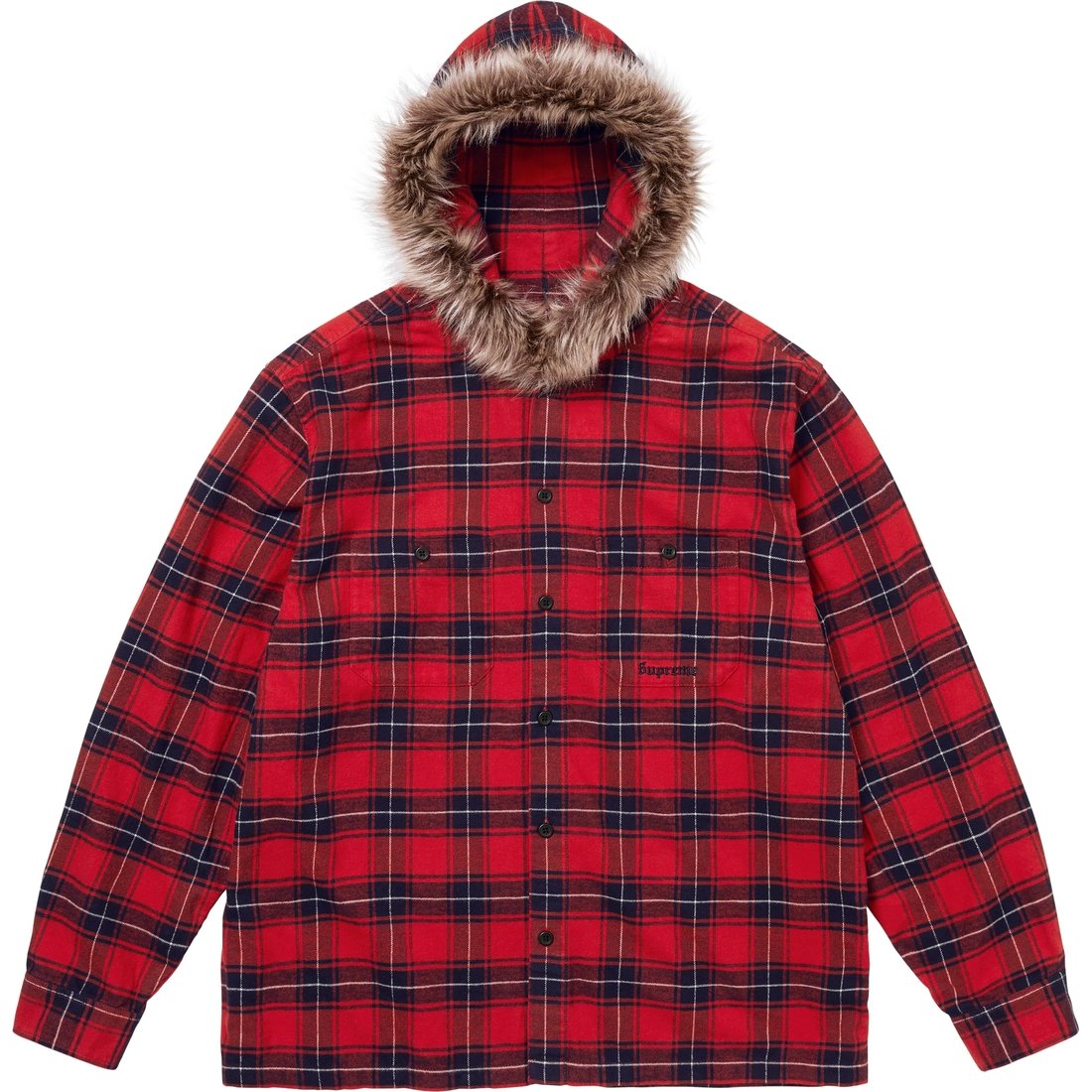 Details on Fur Trim Flannel Hooded Shirt Red Plaid from fall winter
                                                    2024 (Price is $168)