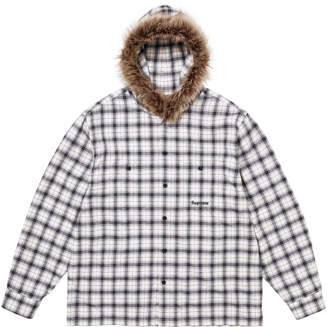 Details on Fur Trim Flannel Hooded Shirt White Plaid from fall winter
                                                    2024 (Price is $168)