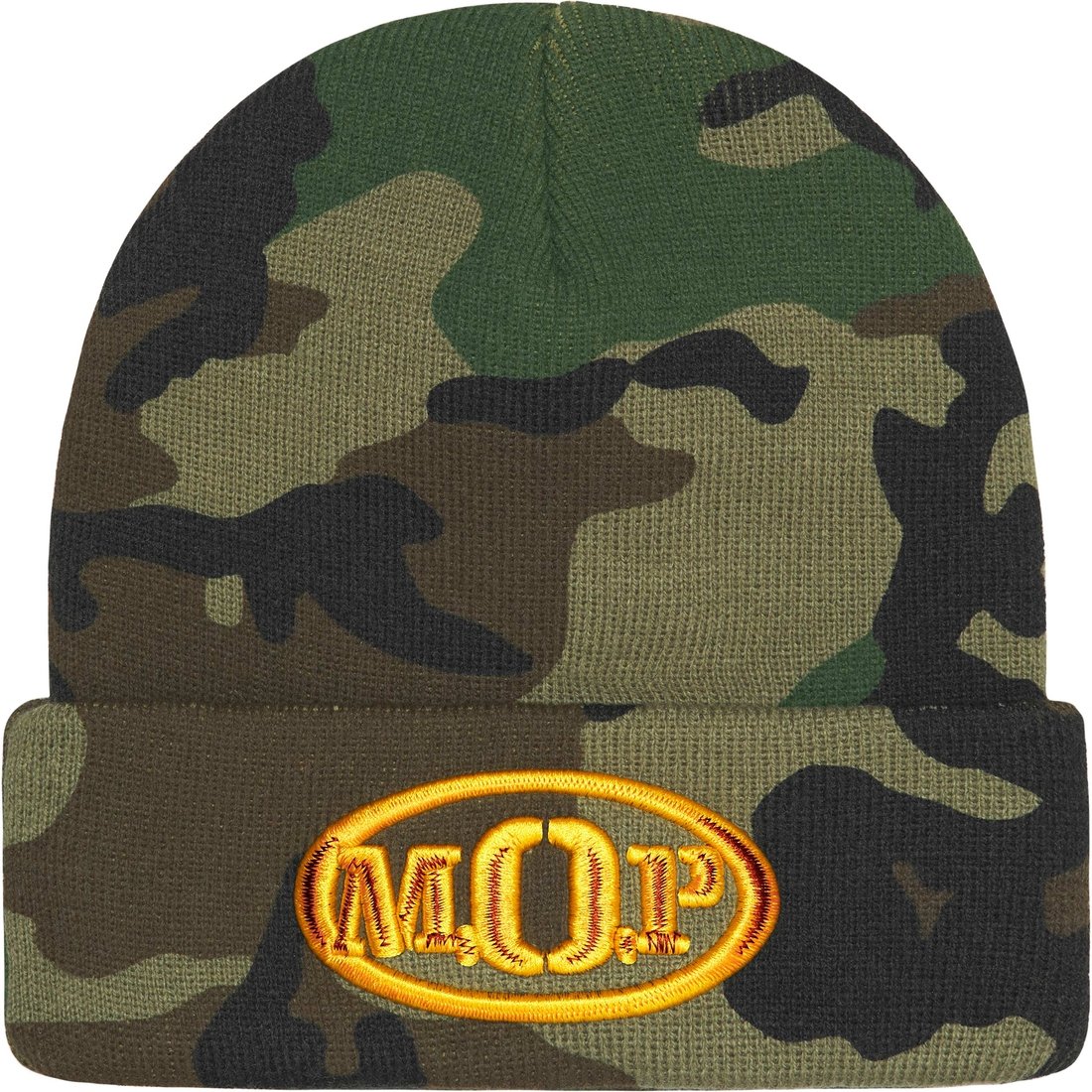 Details on M.O.P. Beanie Woodland Camo from fall winter
                                                    2024 (Price is $40)