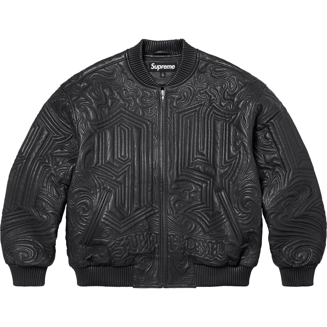 Details on Mister Cartoon Embroidered Leather Jacket Black from fall winter
                                                    2024 (Price is $1298)