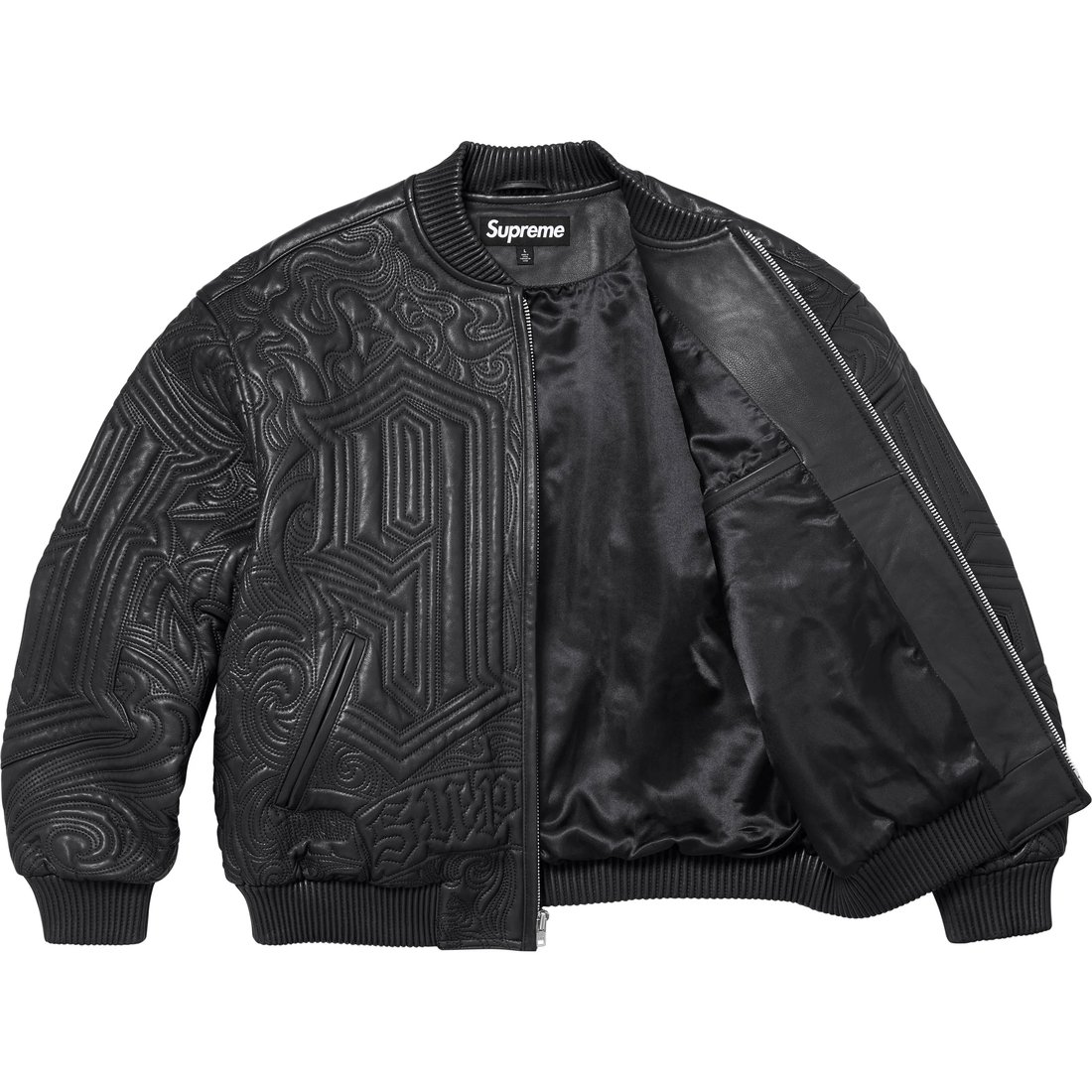 Details on Mister Cartoon Embroidered Leather Jacket Black from fall winter
                                                    2024 (Price is $1298)