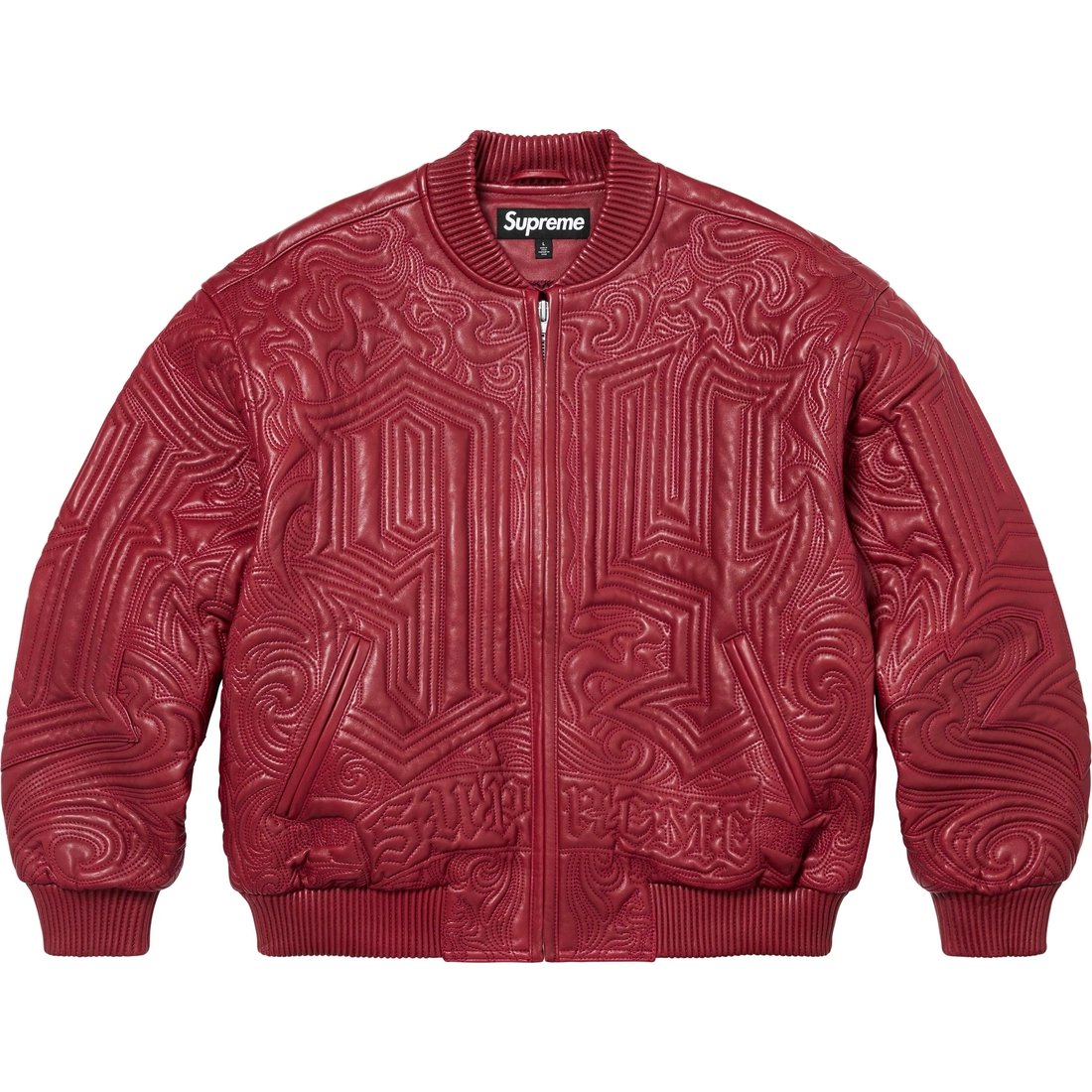 Details on Mister Cartoon Embroidered Leather Jacket Burgundy from fall winter
                                                    2024 (Price is $1298)