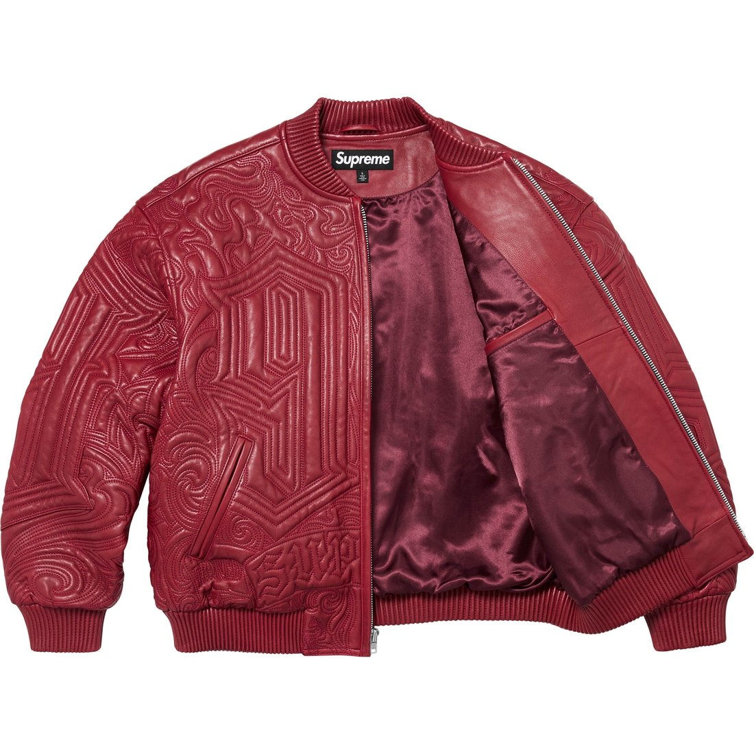 Details on Mister Cartoon Embroidered Leather Jacket Burgundy from fall winter
                                                    2024 (Price is $1298)