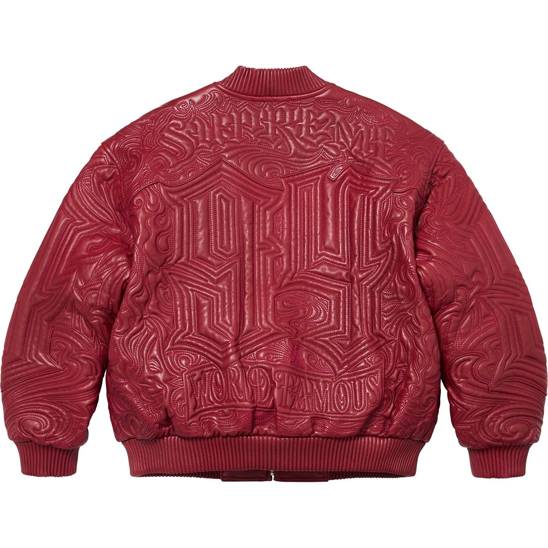 Details on Mister Cartoon Embroidered Leather Jacket Burgundy from fall winter
                                                    2024 (Price is $1298)