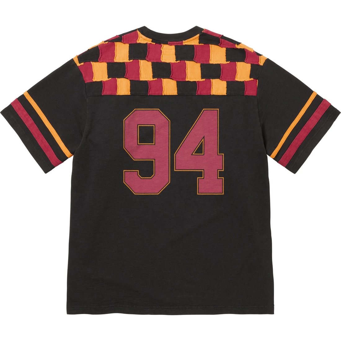 Details on Patchwork Yoke Football Top Black from fall winter
                                                    2024 (Price is $98)