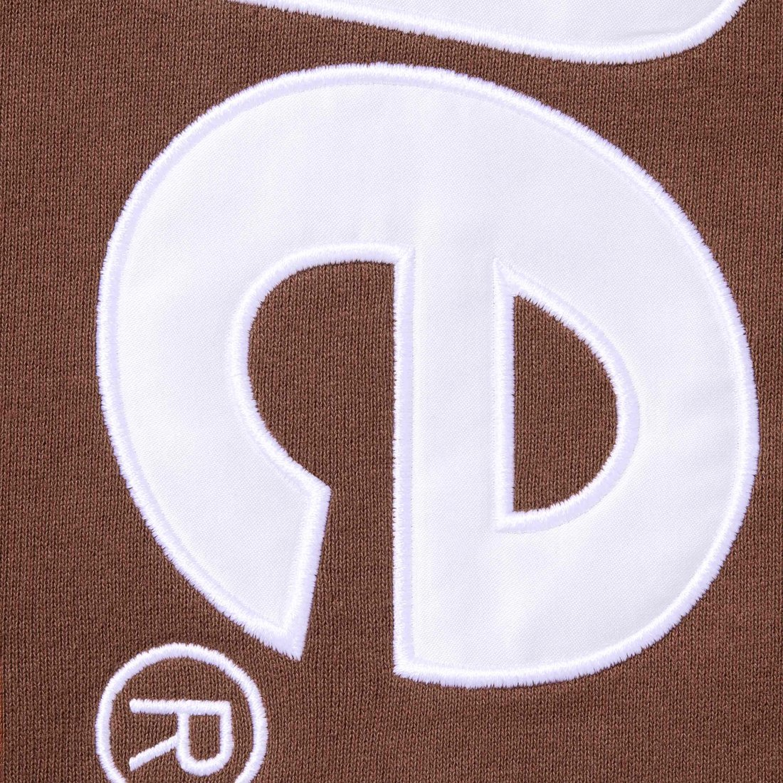 Details on Satin Appliqué Hooded Sweatshirt Brown from fall winter
                                                    2024 (Price is $158)