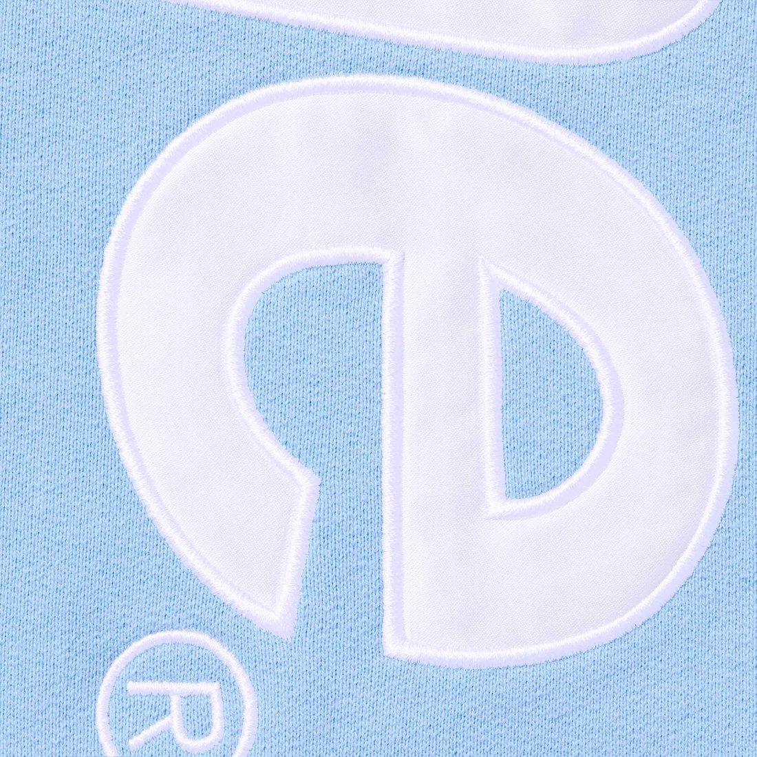 Details on Satin Appliqué Hooded Sweatshirt Light Blue from fall winter
                                                    2024 (Price is $158)