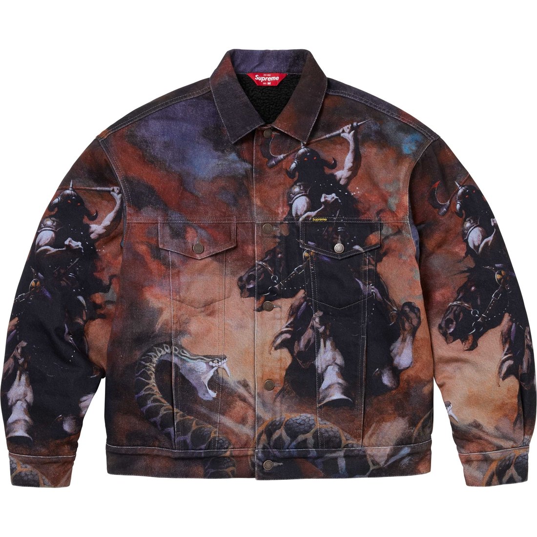 Details on Supreme Frank Frazetta Faux Shearling Lined Trucker Jacket Multicolor from fall winter
                                                    2024 (Price is $348)