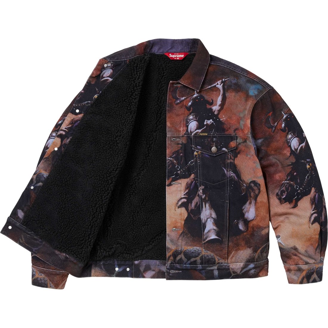 Details on Supreme Frank Frazetta Faux Shearling Lined Trucker Jacket Multicolor from fall winter
                                                    2024 (Price is $348)