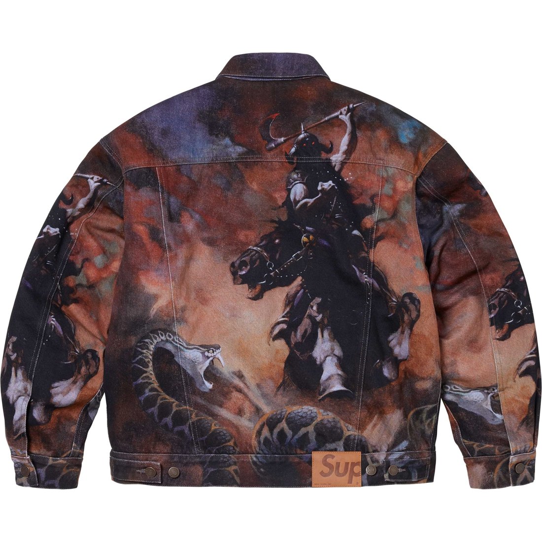 Details on Supreme Frank Frazetta Faux Shearling Lined Trucker Jacket Multicolor from fall winter
                                                    2024 (Price is $348)