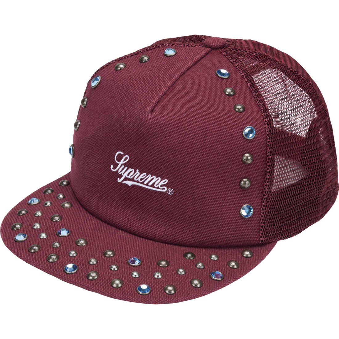 Details on Supreme b.b. Simon Studded Canvas Mesh Back 5-Panel Burgundy from fall winter
                                                    2024 (Price is $88)