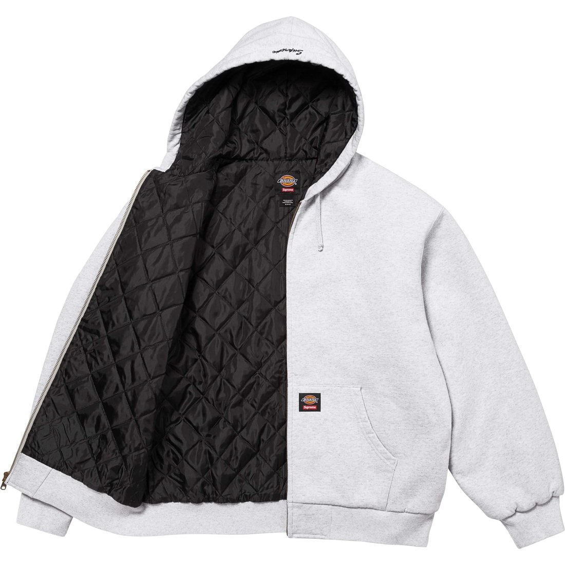 Details on Supreme Dickies Quilted Lined Zip Up Hooded Sweatshirt Ash Grey from fall winter
                                                    2024 (Price is $148)