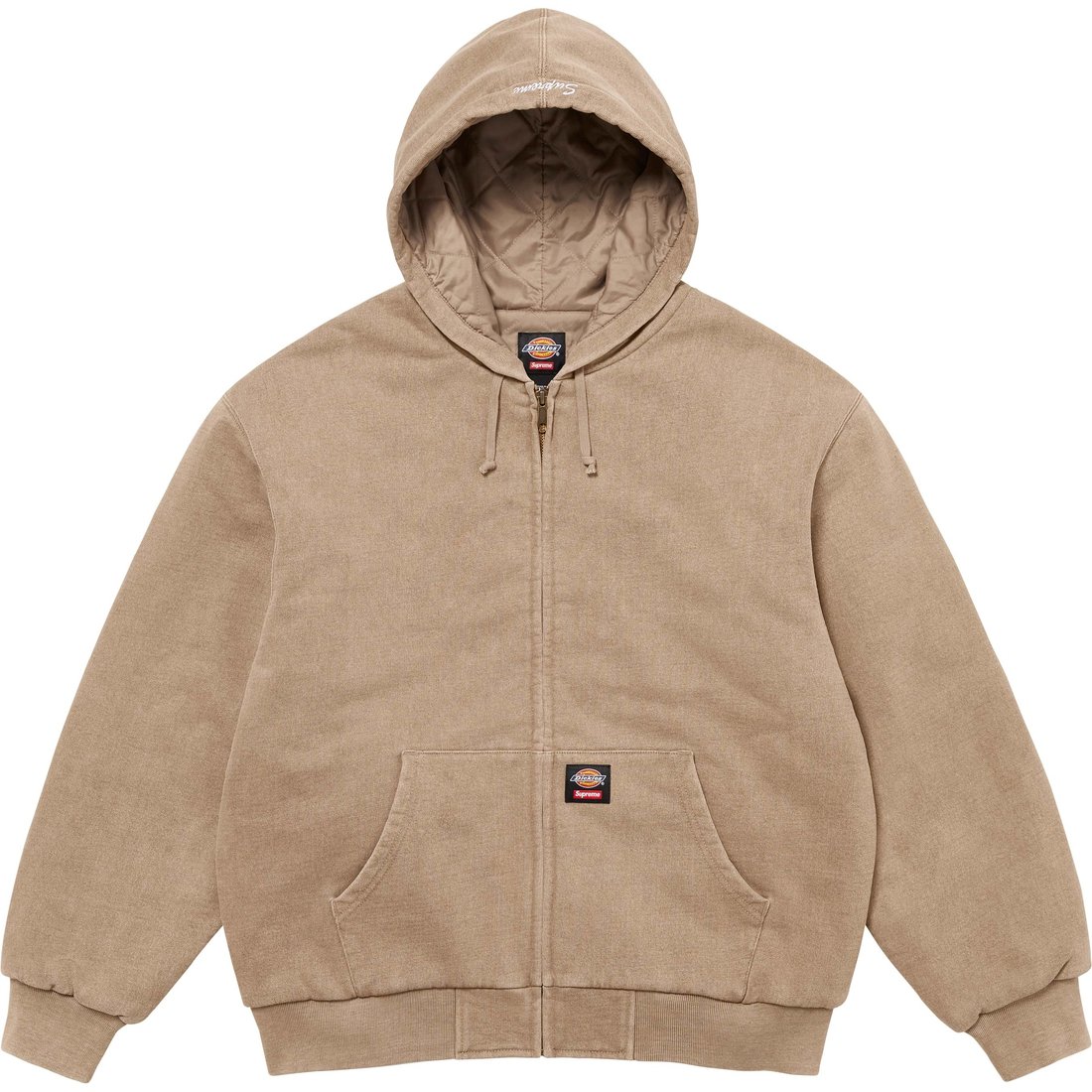 Details on Supreme Dickies Quilted Lined Zip Up Hooded Sweatshirt Light Tan from fall winter
                                                    2024 (Price is $148)