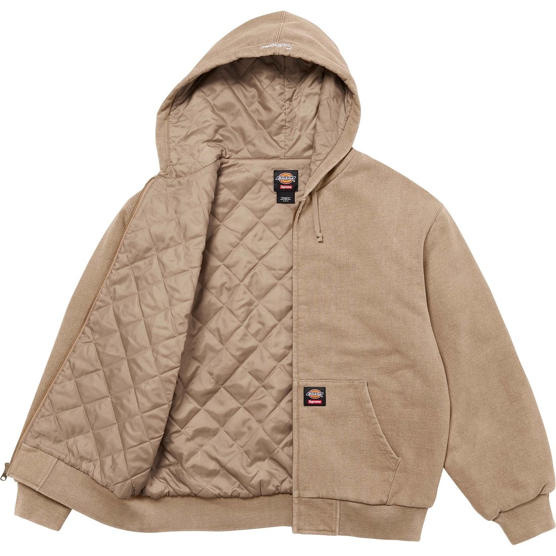 Details on Supreme Dickies Quilted Lined Zip Up Hooded Sweatshirt Light Tan from fall winter
                                                    2024 (Price is $148)