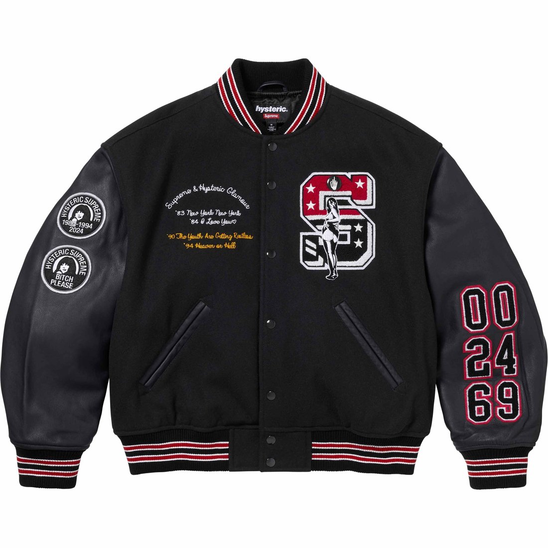 Details on Supreme HYSTERIC GLAMOUR Varsity Jacket Black from fall winter
                                                    2024 (Price is $698)