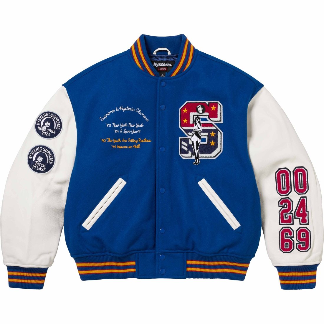 Details on Supreme HYSTERIC GLAMOUR Varsity Jacket Blue from fall winter
                                                    2024 (Price is $698)