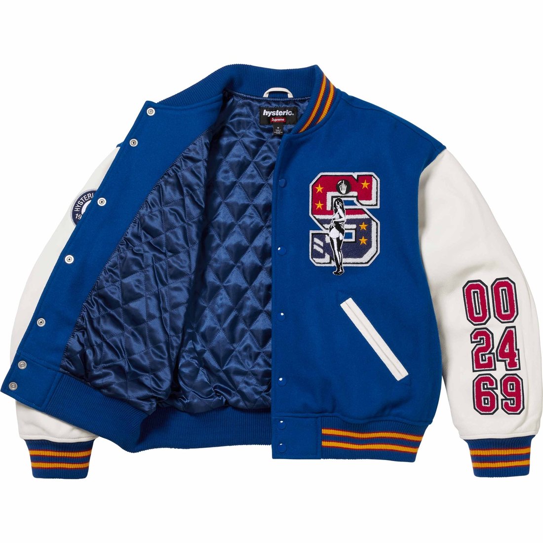 Details on Supreme HYSTERIC GLAMOUR Varsity Jacket Blue from fall winter
                                                    2024 (Price is $698)