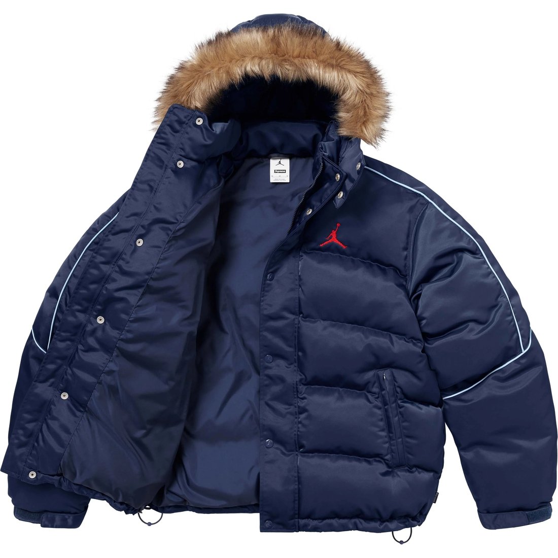 Details on Supreme Jordan Puffer Jacket Navy from fall winter
                                                    2024 (Price is $368)