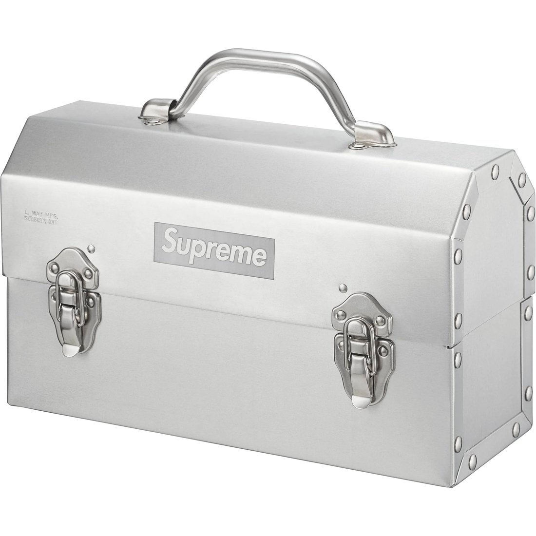 Details on Supreme L. May MFG Inc. Miner's Lunchbox Silver from fall winter
                                                    2024 (Price is $148)