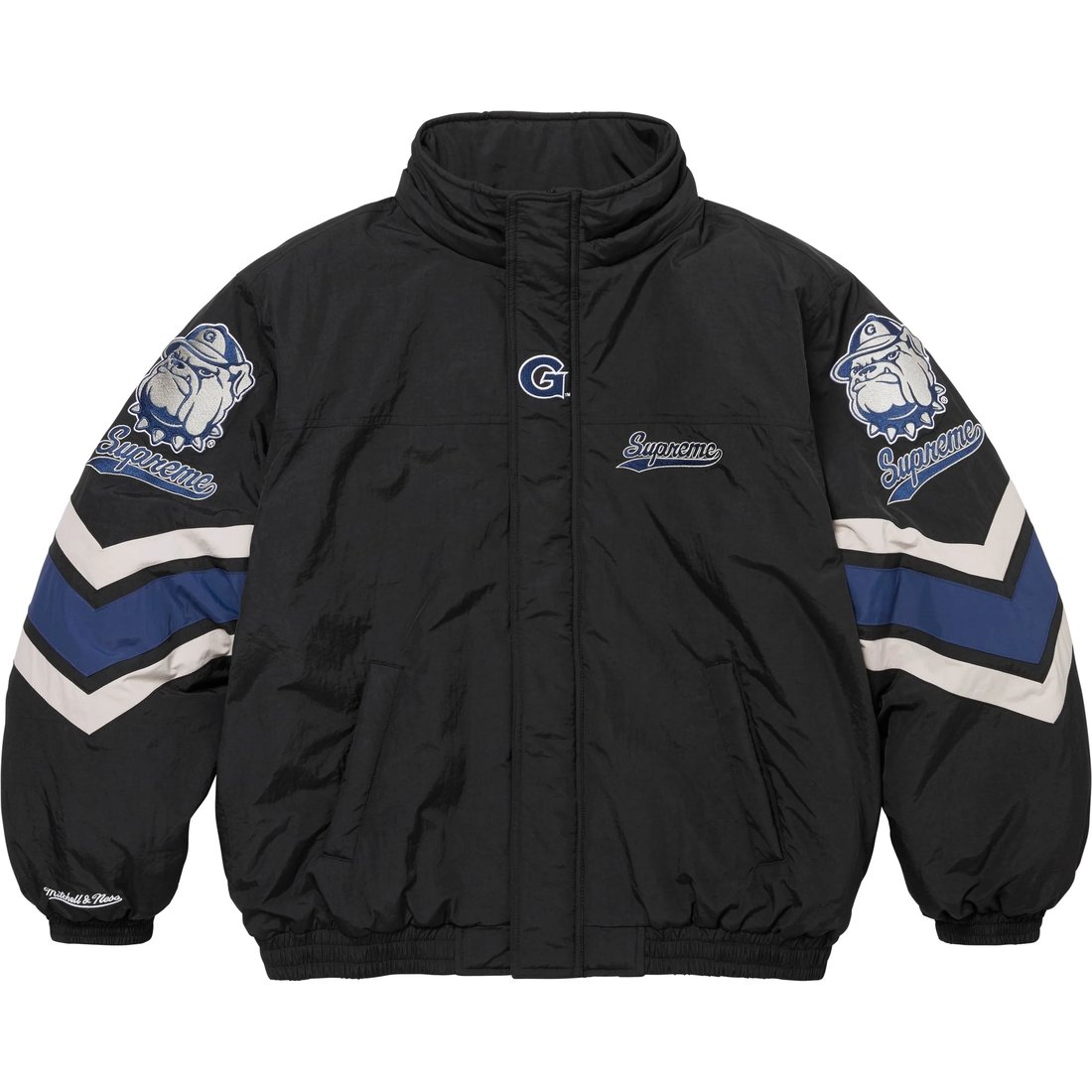 Details on Supreme Mitchell & Ness NCAA Hooded Stadium Jacket Black from fall winter
                                                    2024 (Price is $368)