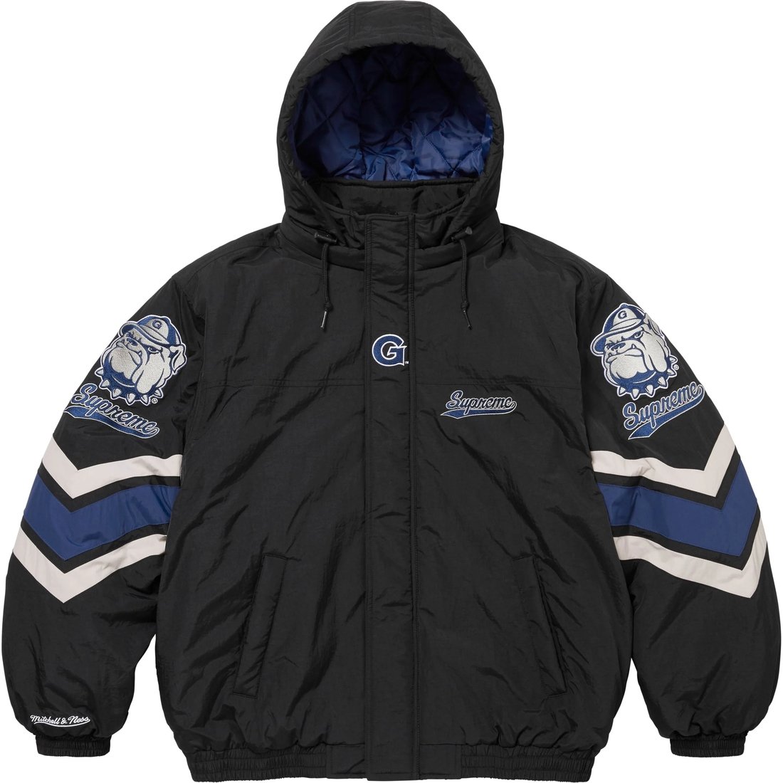 Details on Supreme Mitchell & Ness NCAA Hooded Stadium Jacket Black from fall winter
                                                    2024 (Price is $368)