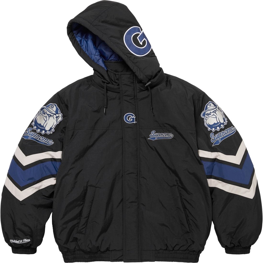 Details on Supreme Mitchell & Ness NCAA Hooded Stadium Jacket Black from fall winter
                                                    2024 (Price is $368)