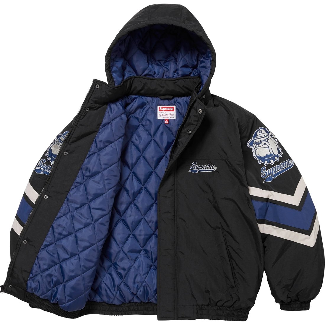 Details on Supreme Mitchell & Ness NCAA Hooded Stadium Jacket Black from fall winter
                                                    2024 (Price is $368)