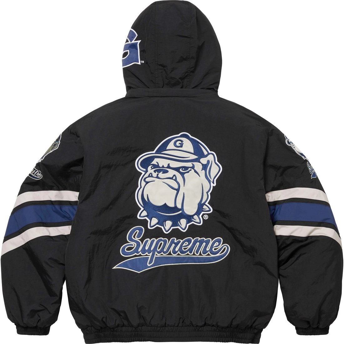 Details on Supreme Mitchell & Ness NCAA Hooded Stadium Jacket Black from fall winter
                                                    2024 (Price is $368)