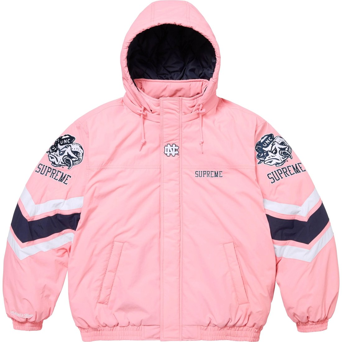 Details on Supreme Mitchell & Ness NCAA Hooded Stadium Jacket Pink from fall winter
                                                    2024 (Price is $368)