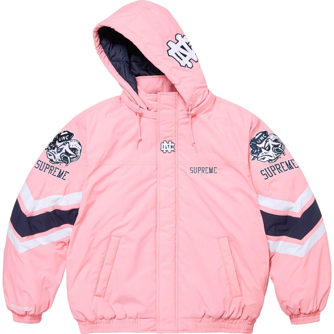 Details on Supreme Mitchell & Ness NCAA Hooded Stadium Jacket Pink from fall winter
                                                    2024 (Price is $368)