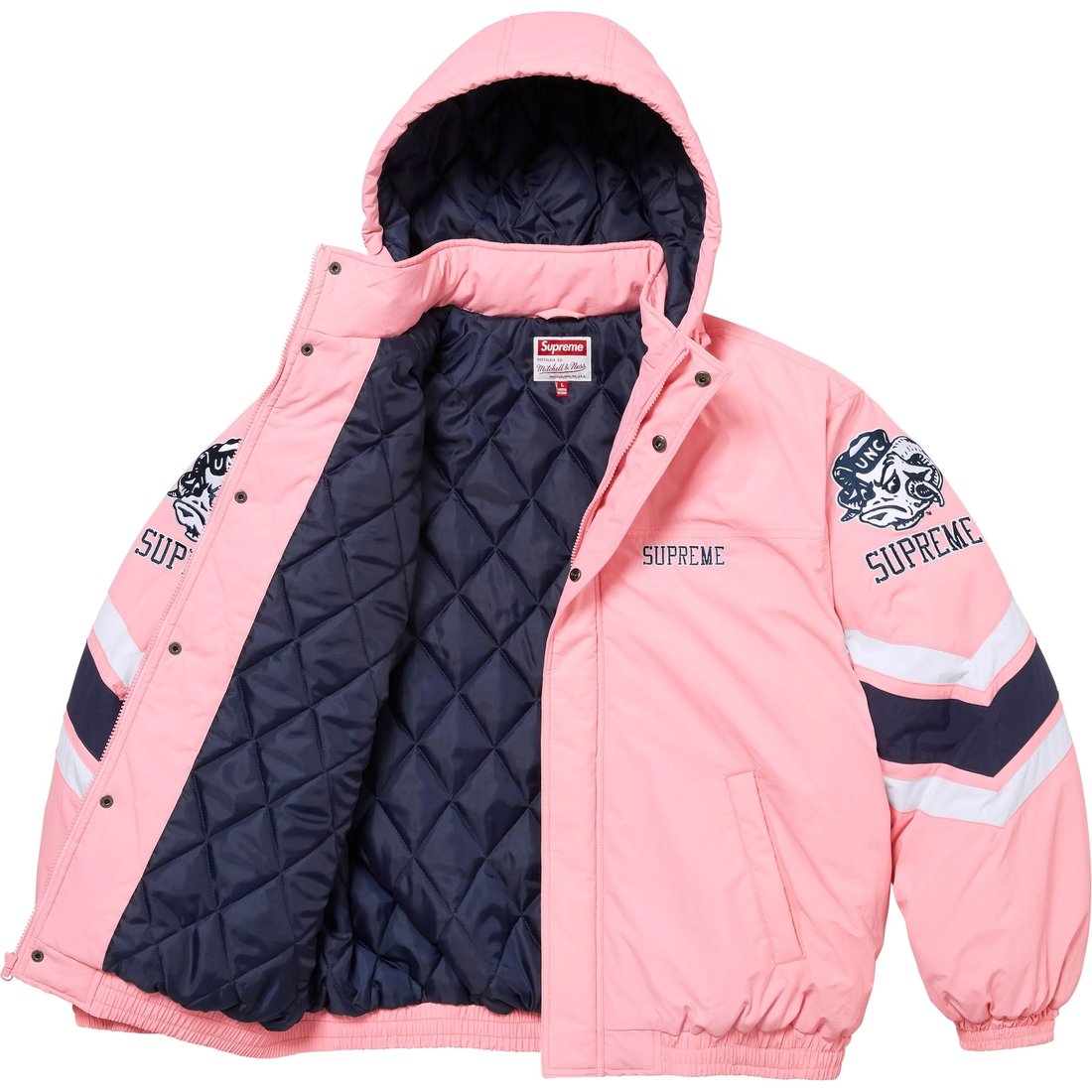 Details on Supreme Mitchell & Ness NCAA Hooded Stadium Jacket Pink from fall winter
                                                    2024 (Price is $368)