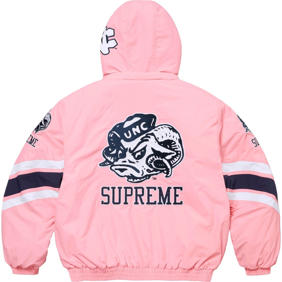 Details on Supreme Mitchell & Ness NCAA Hooded Stadium Jacket Pink from fall winter
                                                    2024 (Price is $368)