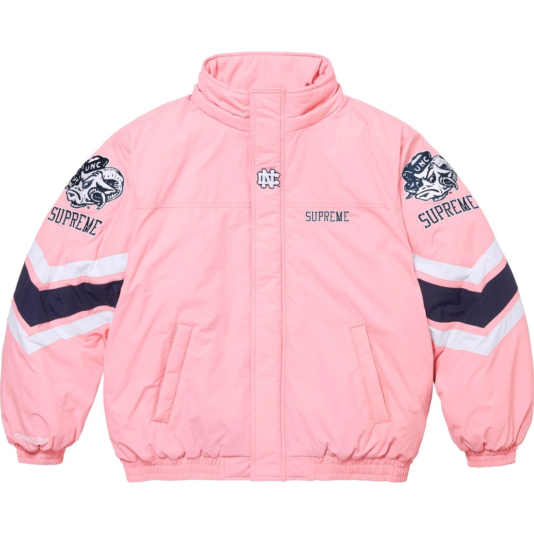 Details on Supreme Mitchell & Ness NCAA Hooded Stadium Jacket Pink from fall winter
                                                    2024 (Price is $368)