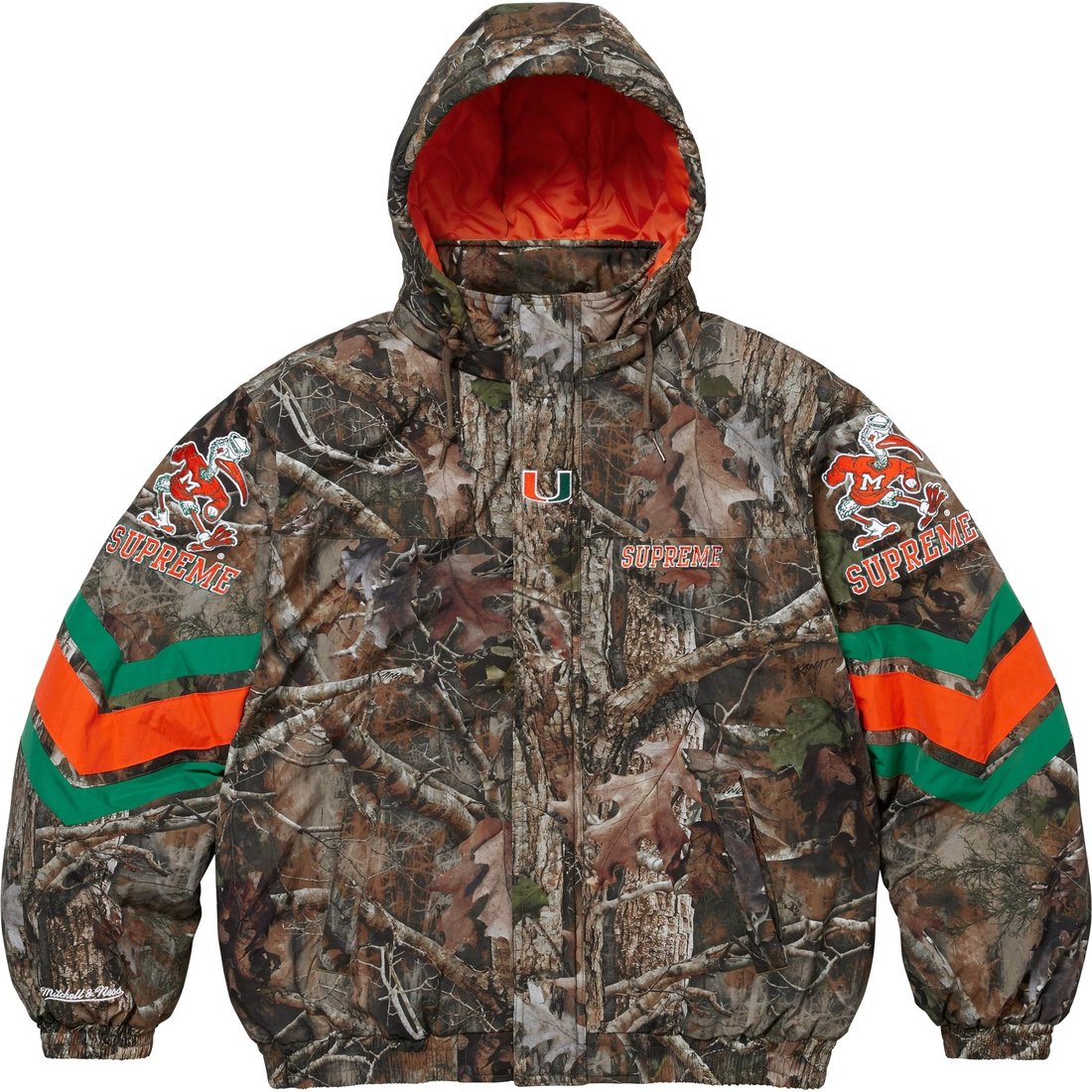 Details on Supreme Mitchell & Ness NCAA Hooded Stadium Jacket TrueTimber® Kanati Camo from fall winter
                                                    2024 (Price is $368)