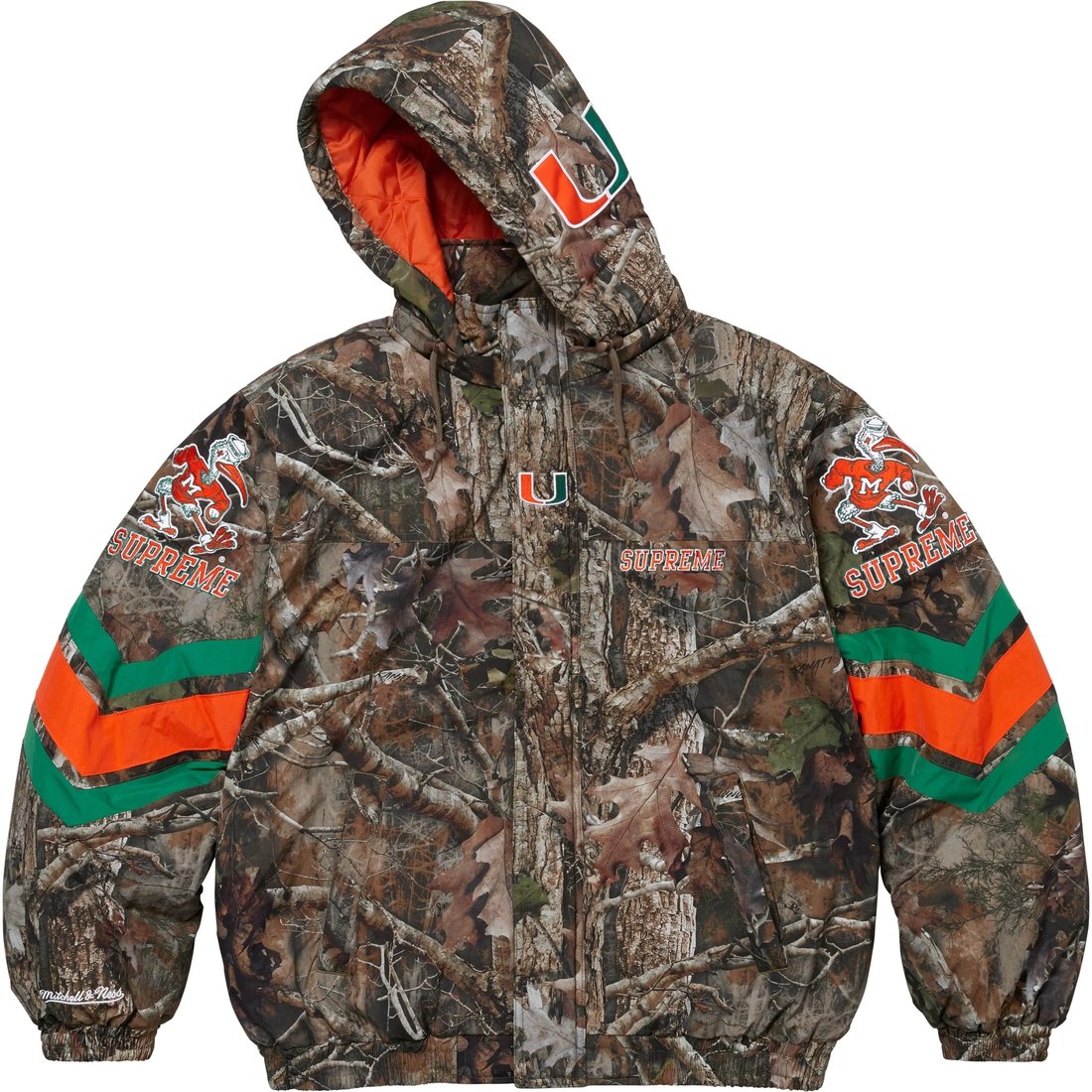 Details on Supreme Mitchell & Ness NCAA Hooded Stadium Jacket TrueTimber® Kanati Camo from fall winter
                                                    2024 (Price is $368)