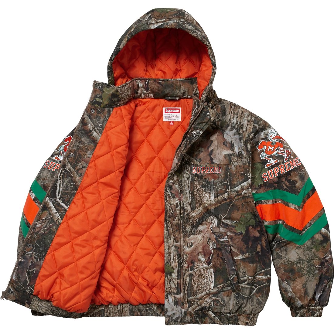 Details on Supreme Mitchell & Ness NCAA Hooded Stadium Jacket TrueTimber® Kanati Camo from fall winter
                                                    2024 (Price is $368)