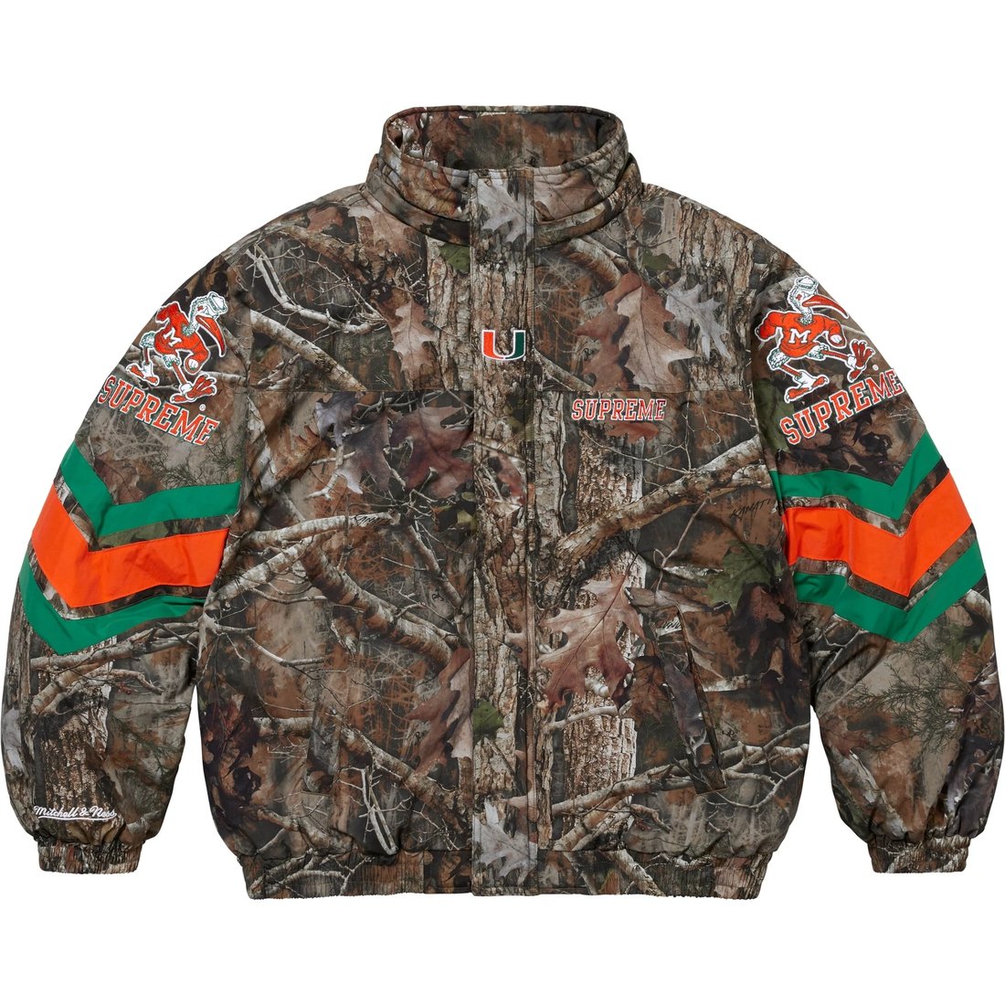 Details on Supreme Mitchell & Ness NCAA Hooded Stadium Jacket TrueTimber® Kanati Camo from fall winter
                                                    2024 (Price is $368)