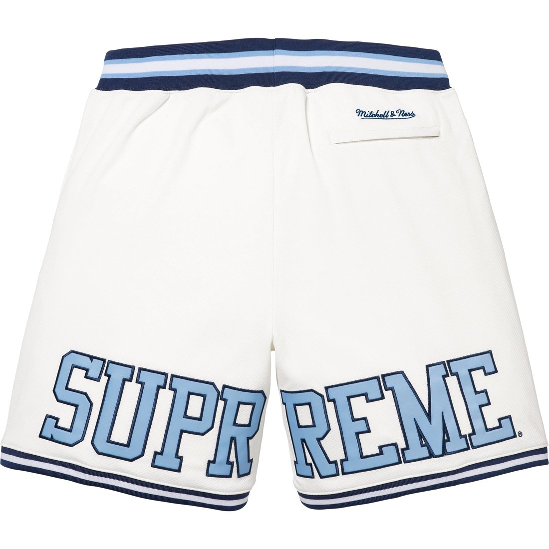 Details on Supreme Mitchell & Ness NCAA Basketball Short White from fall winter
                                                    2024 (Price is $158)