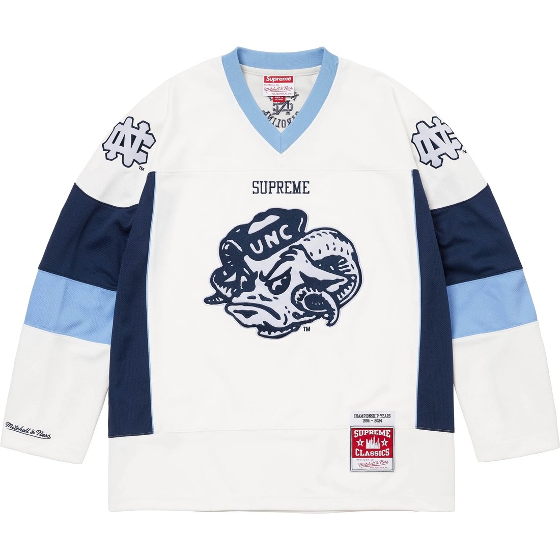 Details on Supreme Mitchell & Ness NCAA Hockey Jersey White from fall winter
                                                    2024 (Price is $188)