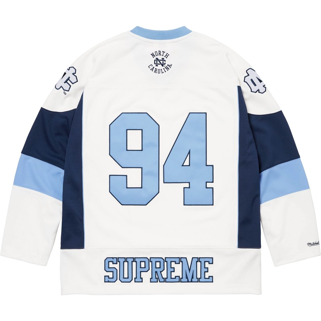 Details on Supreme Mitchell & Ness NCAA Hockey Jersey White from fall winter
                                                    2024 (Price is $188)