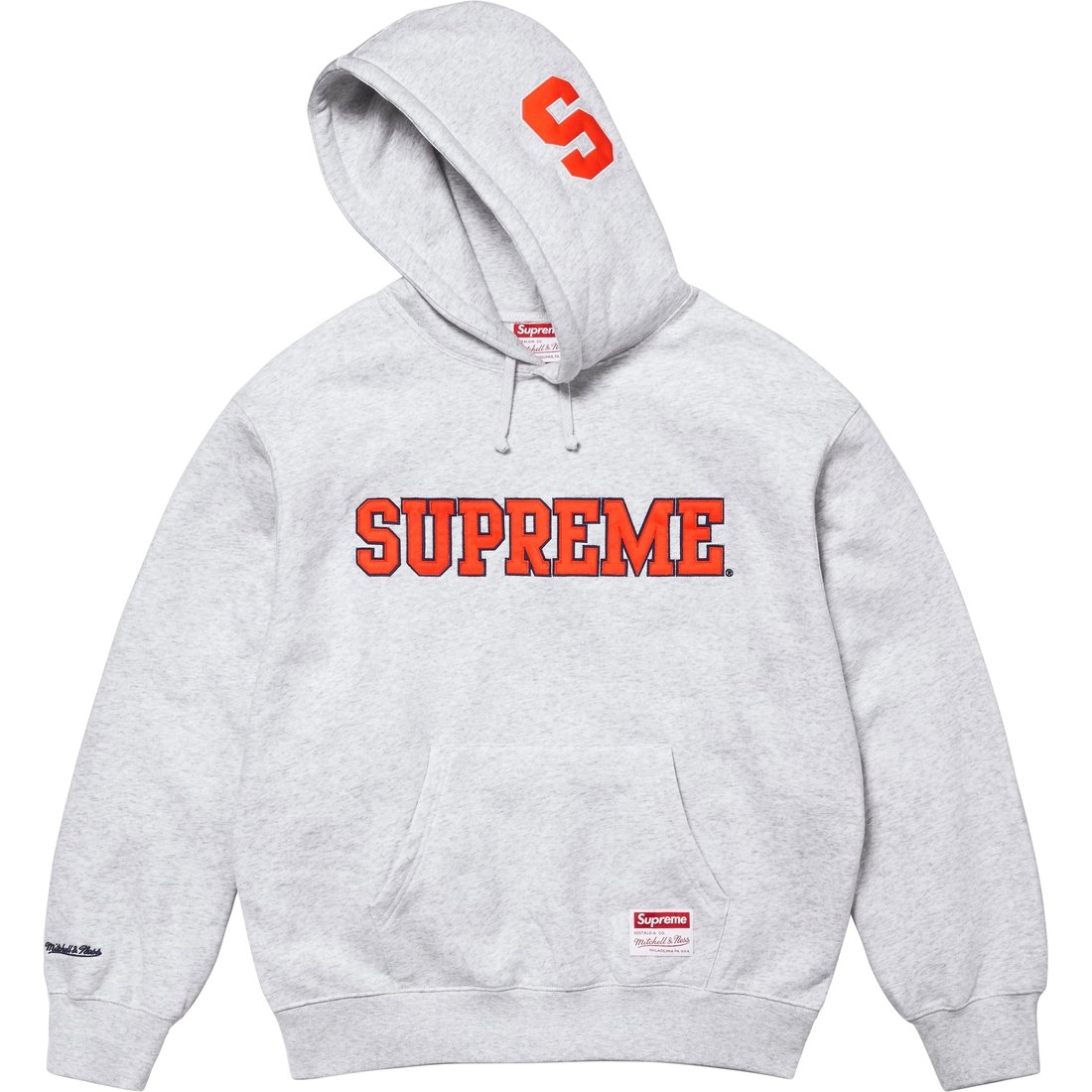 Details on Supreme Mitchell & Ness NCAA Hooded Sweatshirt Ash Grey from fall winter
                                                    2024 (Price is $178)