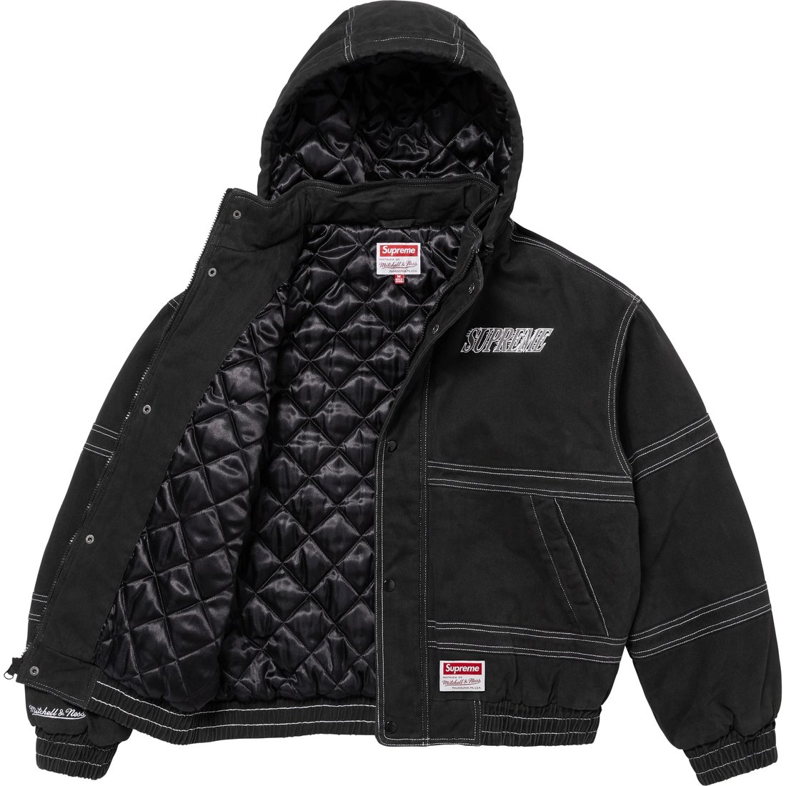 Details on Supreme Mitchell & Ness Twill Stadium Jacket Black from fall winter
                                                    2024 (Price is $348)