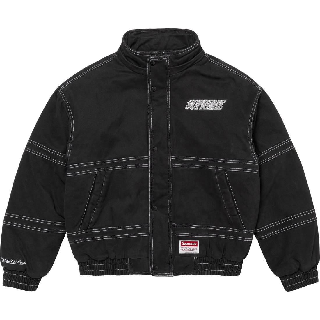 Details on Supreme Mitchell & Ness Twill Stadium Jacket Black from fall winter
                                                    2024 (Price is $348)