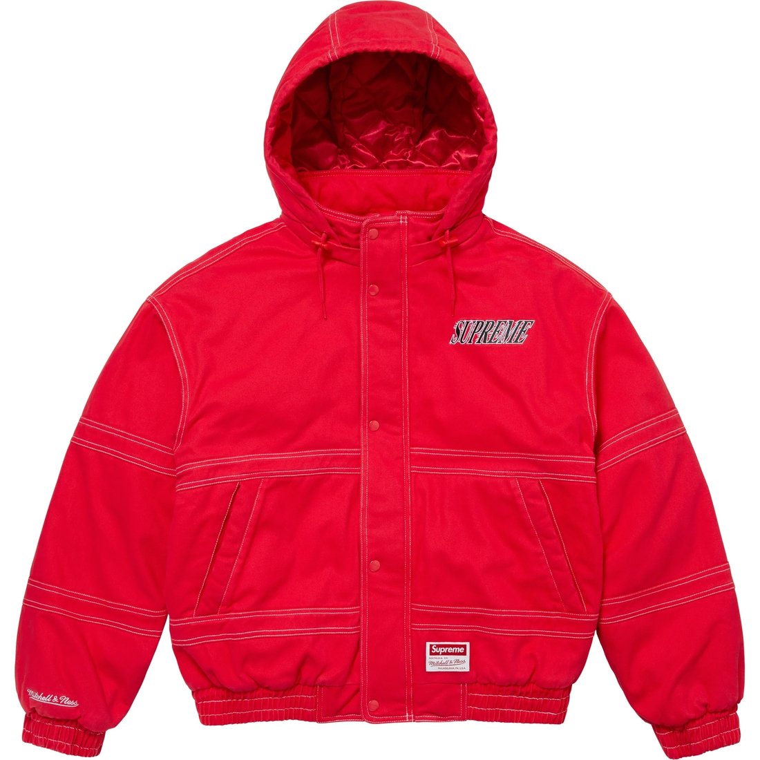 Details on Supreme Mitchell & Ness Twill Stadium Jacket Red from fall winter
                                                    2024 (Price is $348)