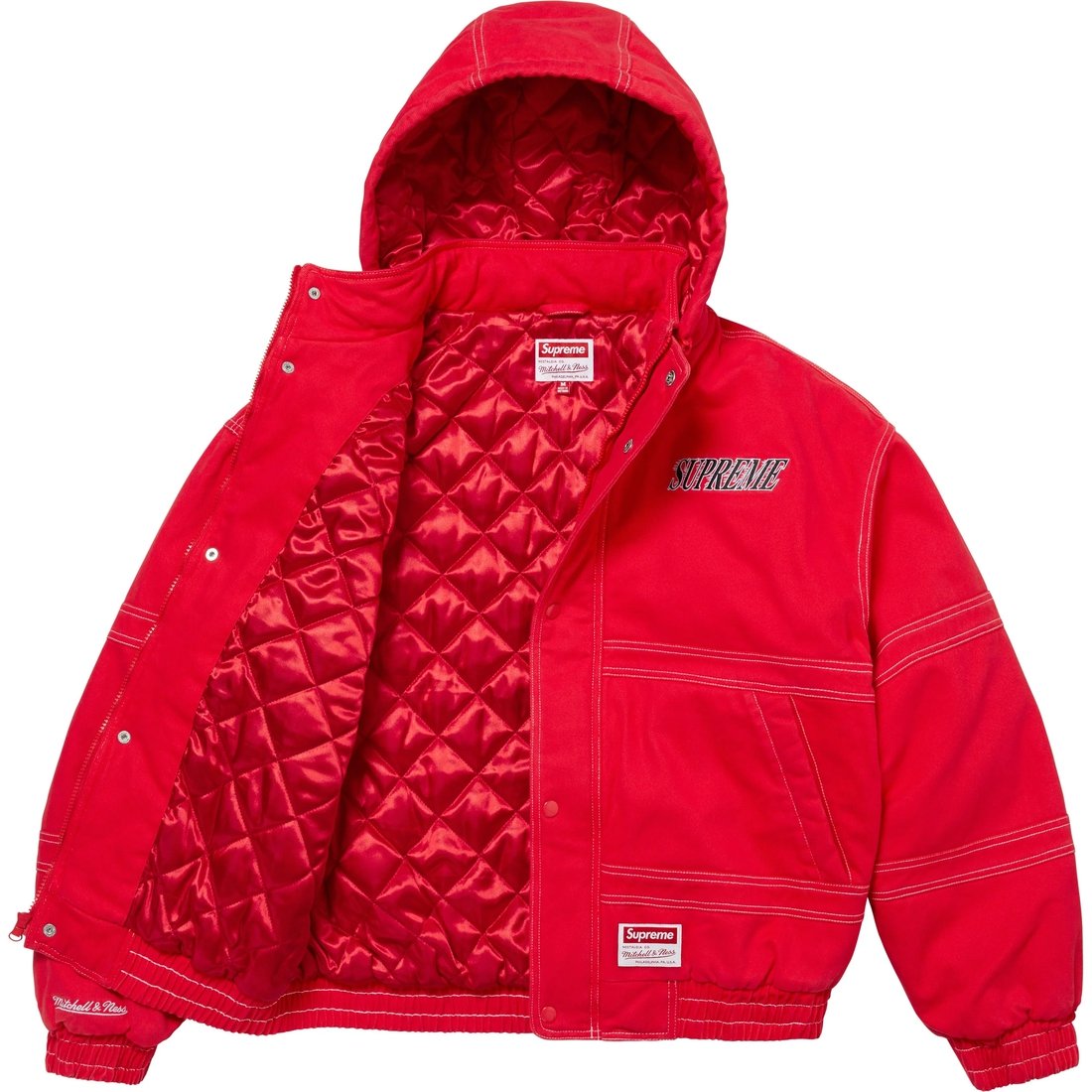 Details on Supreme Mitchell & Ness Twill Stadium Jacket Red from fall winter
                                                    2024 (Price is $348)