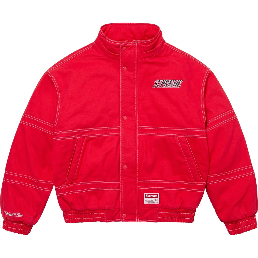 Details on Supreme Mitchell & Ness Twill Stadium Jacket Red from fall winter
                                                    2024 (Price is $348)