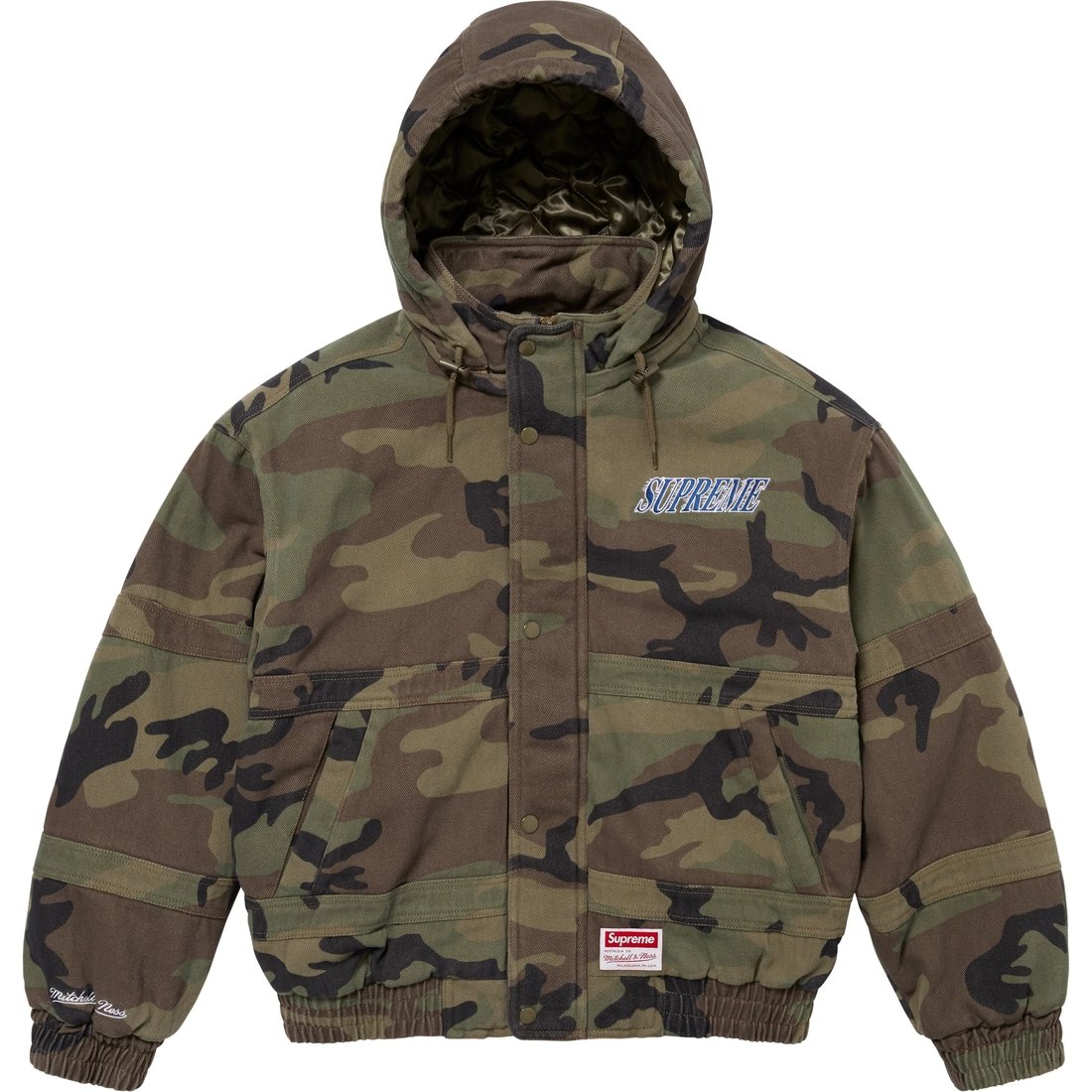 Details on Supreme Mitchell & Ness Twill Stadium Jacket Woodland Camo from fall winter
                                                    2024 (Price is $348)